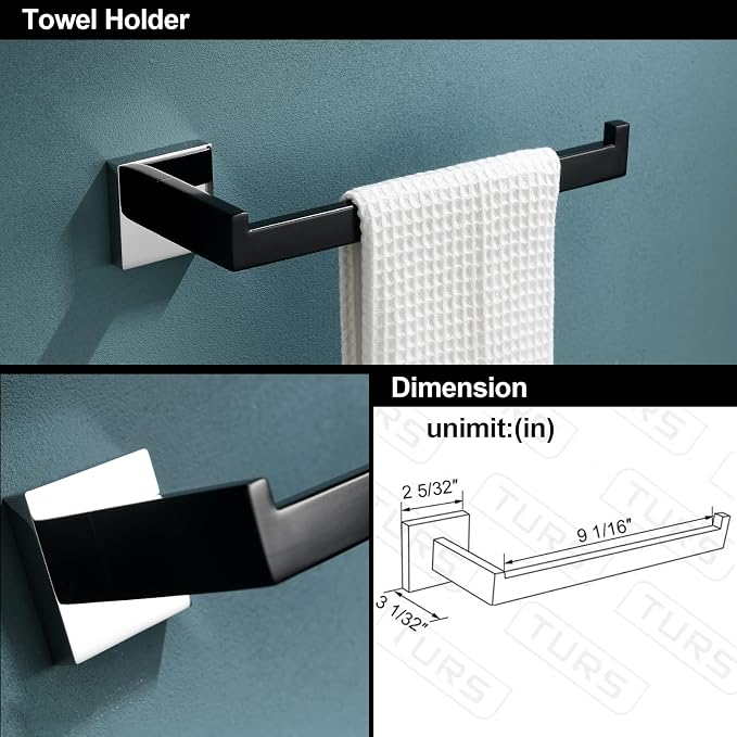 TURS 5-Piece Bathroom Hardware Set Matte Black and Polished Chrome Towel Bar - Image 4