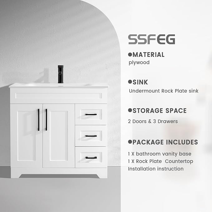 36" Bathroom Vanity with Sink, Undermount Ceramic Sink, Modern Bathroom Cabinet - Image 6