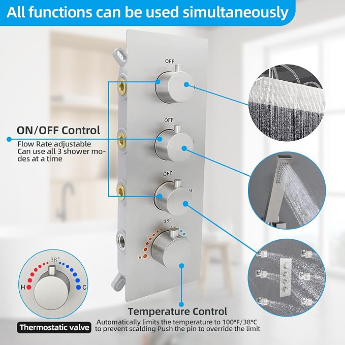 16X32 Inch Ceiling Mount Large Rainfall Shower System Thermostatic Multi Jet - Image 2