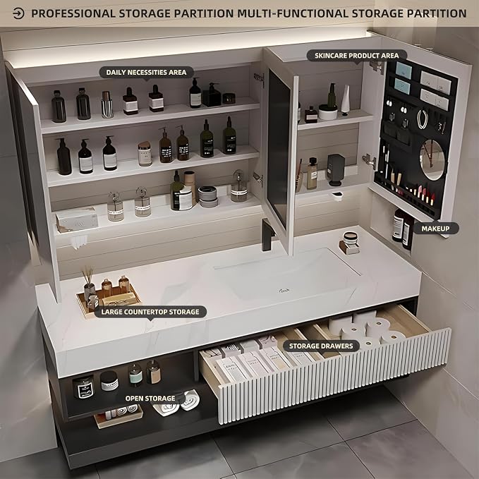 Single Sink Bathroom Vanity, Floating Solid Wood Open Shelf Vanities - Image 3