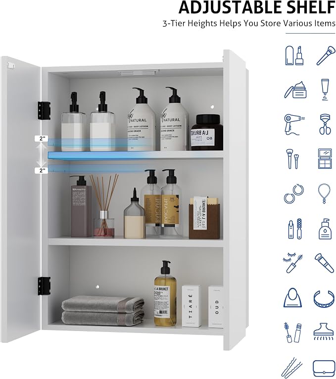 eclife 24" Bathroom Medicine Cabinet W/Mirror, Double Doors Bathroom White Wall - Image 5