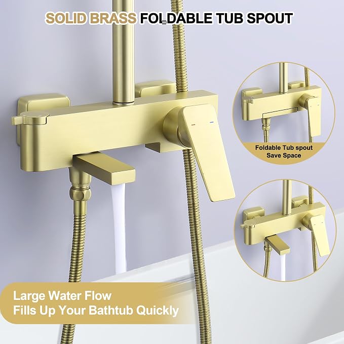Shower Systems with 12 x8 Inches Rain Shower Head, Brushed Gold Exposed Pipe - Image 6
