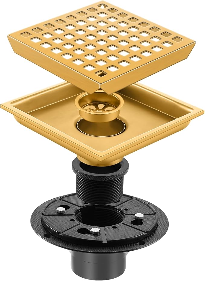 Shower Drain, Brushed Gold 6 inch Shower Floor Square Drain - Image 3