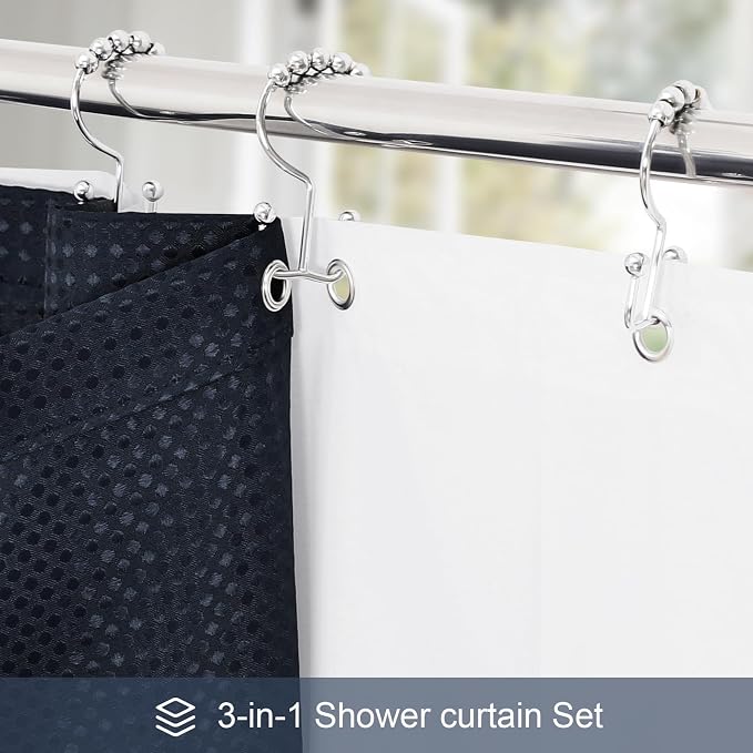3 in 1 Extra Long Navy Blue Shower Curtain Set-72 W x 84 H, Modern Waffle and - Image 2
