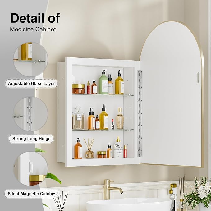 Recessed Medicine Cabinet for Bathroom, Brushed Gold Arched Medicine Cabinet - Image 4