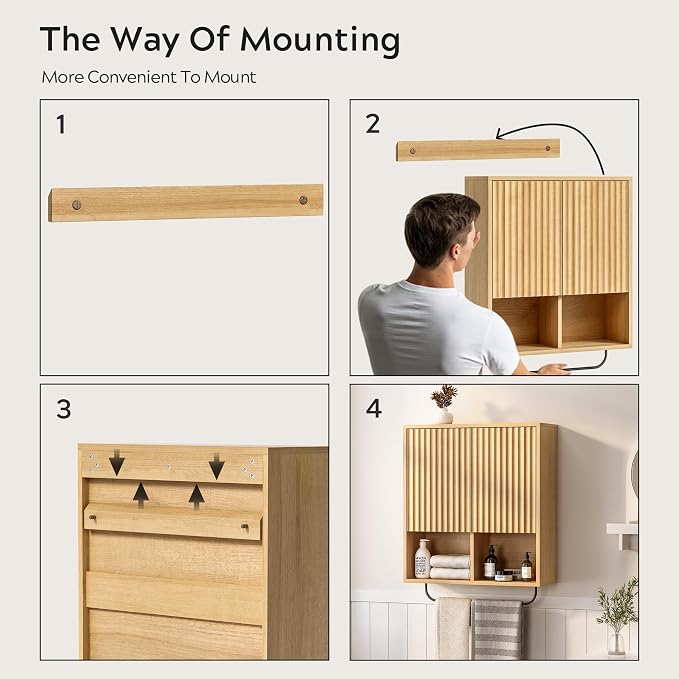 Fluted Wall Cabinet Set of 2, Wooden Bathroom Medicine Cabinet Storage - Image 6