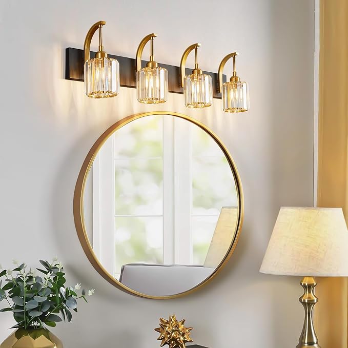 4-Light Crystal Vanity Light, Modern Black Gold Bathroom Wall Sconce - Image 6