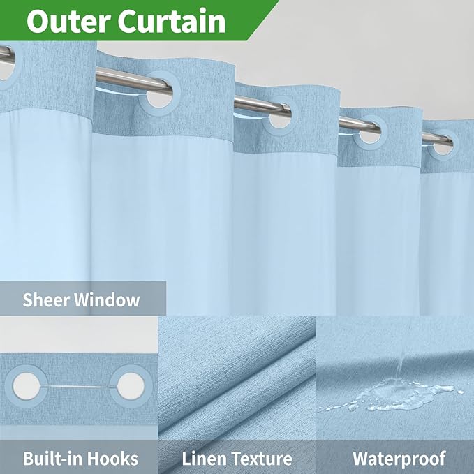 Extra Long No Hooks Needed Linen Textured Shower Curtain - Image 4