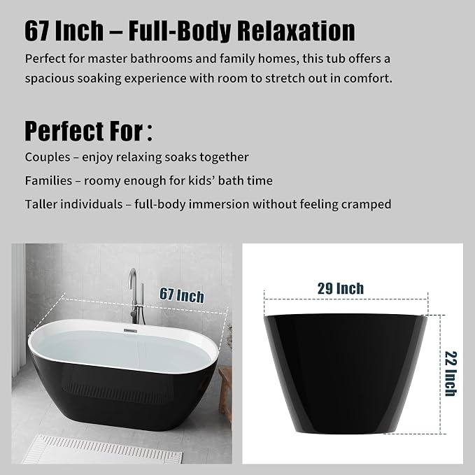 Freestanding Bathtub 67 Inch Acrylic Soaking Tub – Extra Large Free Standing - Image 5