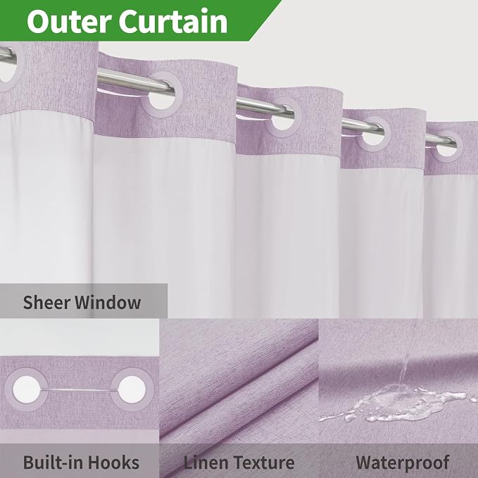 Extra Long No Hooks Needed Linen Textured Shower Curtain - Image 3