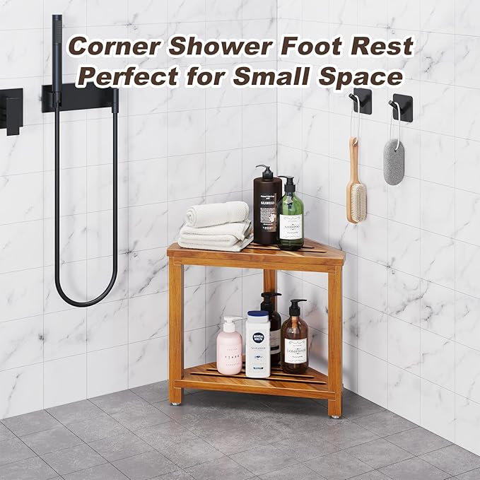 Corner Shower Stool for Inside Shower, Acacia Wood Corner Shower Shaving Step - Image 4