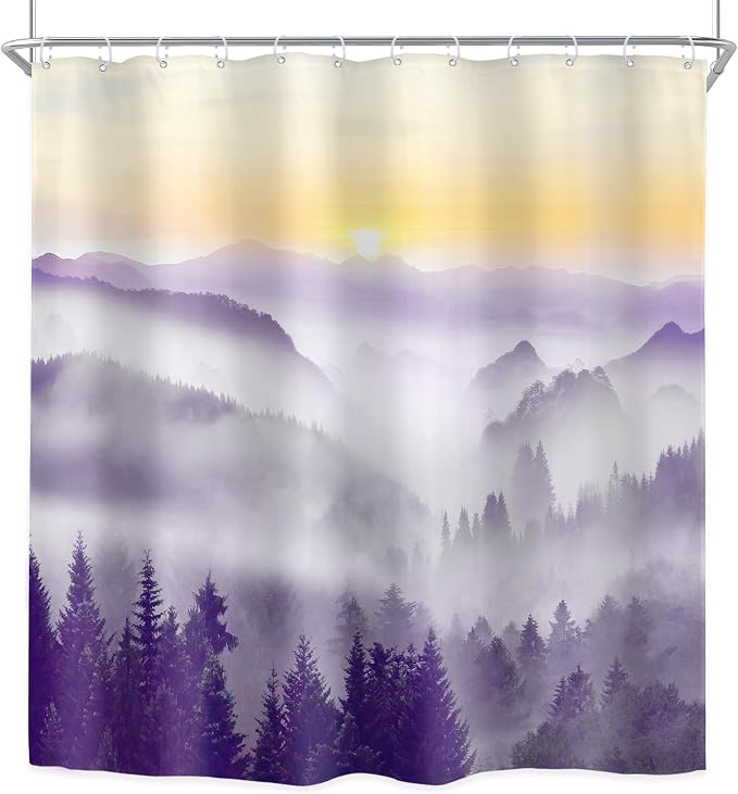 Riyidecor Misty Mountain Shower Curtain 72Wx72H Inch Purple Sunrise Nature - Image 8