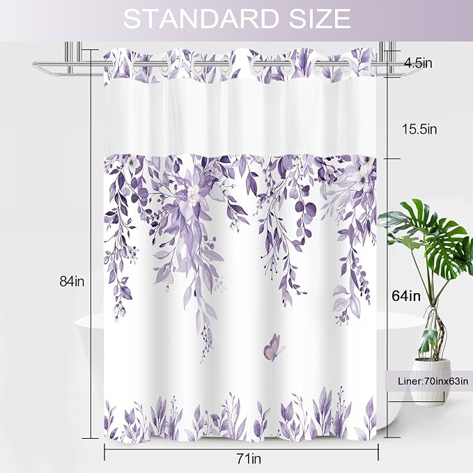 No Hook Shower Curtain and Liner Set, Light Purple Eucalyptus Floral Shower - Image 7