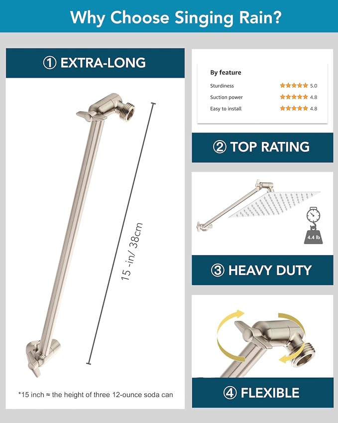 15 Inch Extra Long Adjustable Shower Head Extension Arm - Image 4