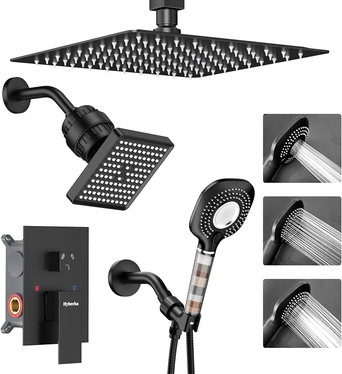 Shower Faucet Set, Ceiling Mount Shower System 12-inch & 6-inch Filtered Black by Hyberka