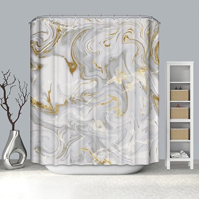 Domoku Grey Gold Marble Shower Curtain, Waterproof Texture Washable Fabric - Image 7
