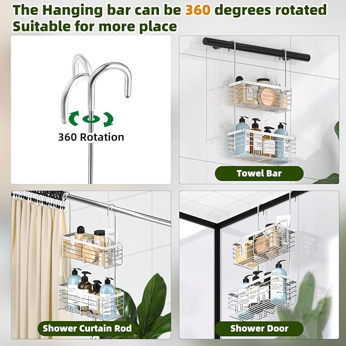 YUOROS Shower Caddy Hanging, 2 Tier Over the Door Shower Organizer Rack 304 - Image 5