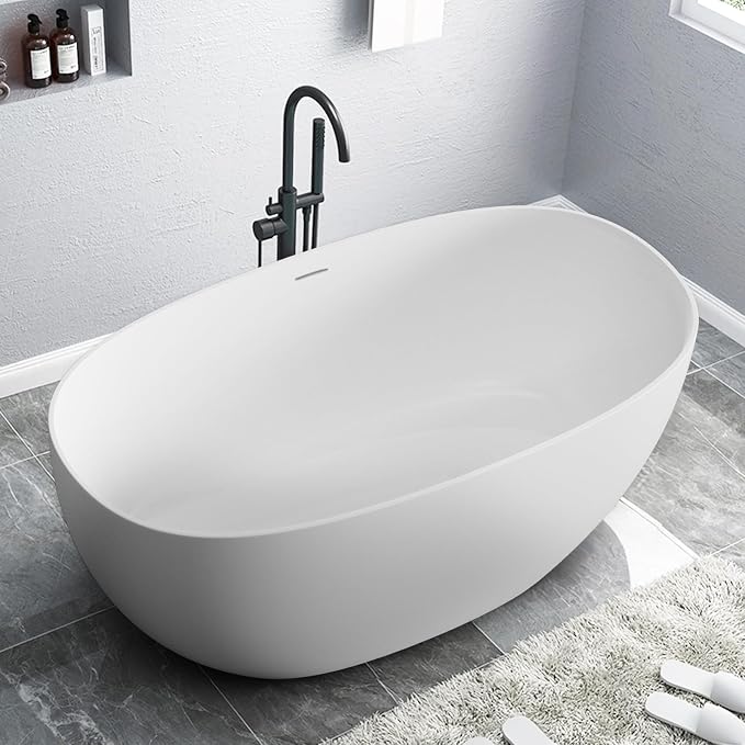 Stone Resin Freestanding Bathtubs, Soklawah 63" Solid Surface Luxury Soaking Tub - Image 6