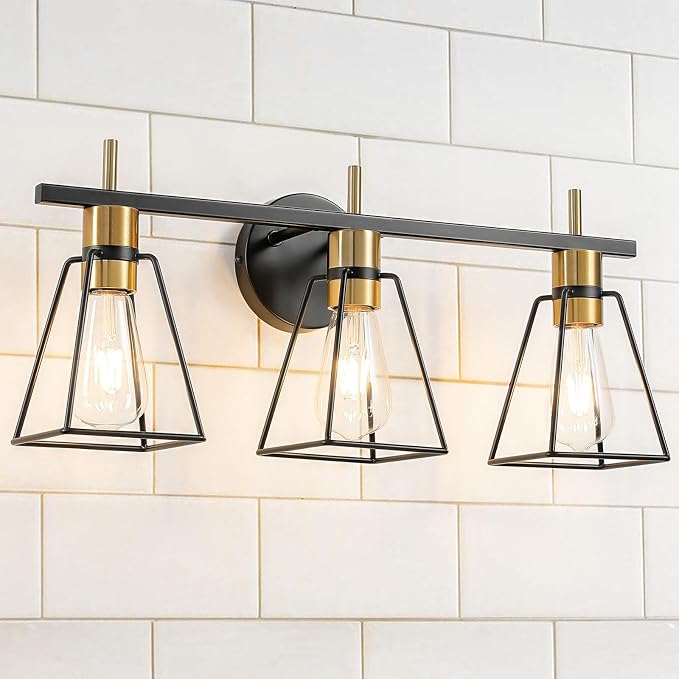 Industrial Bathroom Vanity Lights: 3-Light Black and Gold Vintage Metal Cage by HAHZT