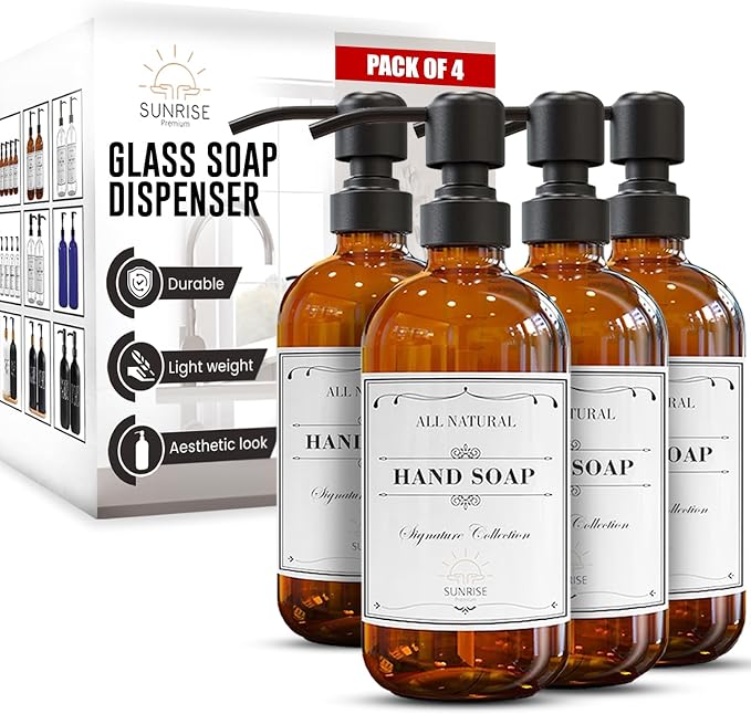 4 Pack Amber Glass Soap Dispenser 16 OZ by SunrisePremium