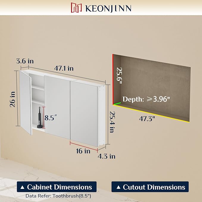 Keonjinn 48 x 26 Inch Medicine Cabinet, Assembly Required, Lightweight - Image 2