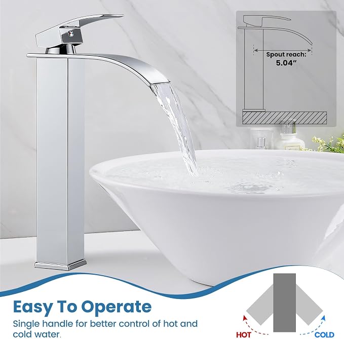 Airuida Tall Bathroom Vessel Faucet Chrome Polish Waterfall Bathroom Single - Image 3