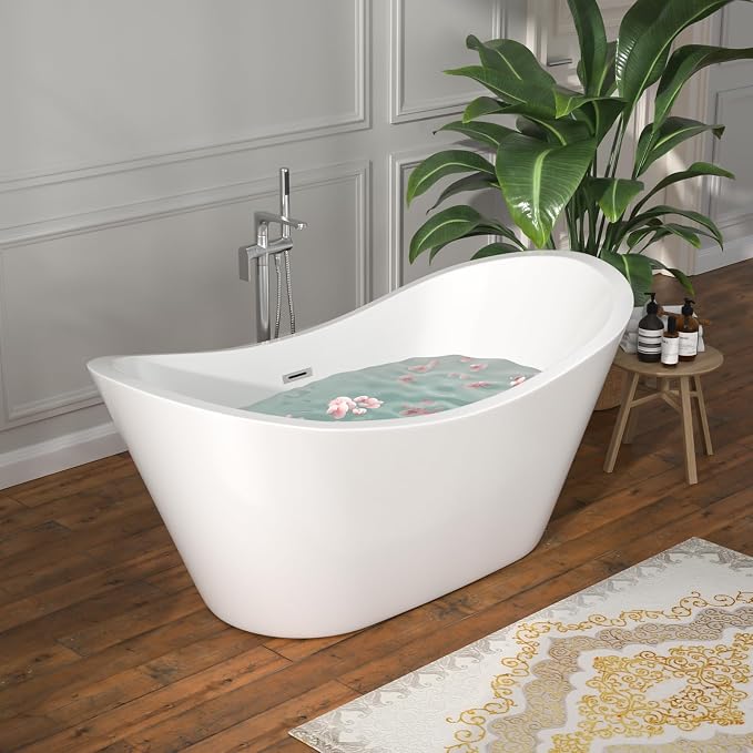 59" Freestanding Acrylic Bathtub – White Double Slipper Soaking Tub - Image 2