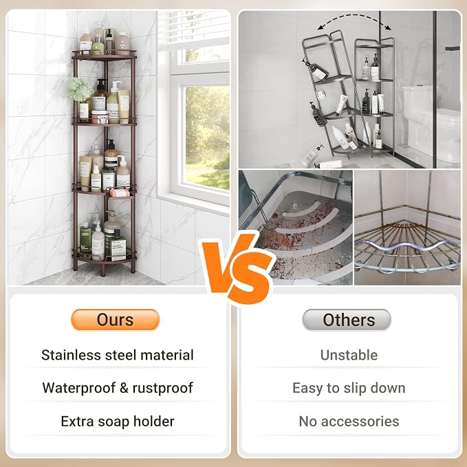 ELYKEN Corner Shower Caddy Standing, 4 Tier Rustproof Metal Shower Organizer - Image 7