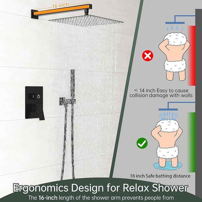 Hoimpro 12 Inch Shower Rain Head Shower System Faucet Set 2 in 1 Handheld - Image 7
