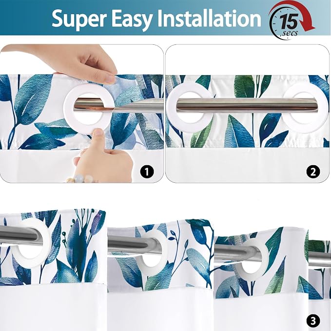 No Hook Shower Curtain and Liner Set, Dark Blue Eucalyptus Floral Shower - Image 5