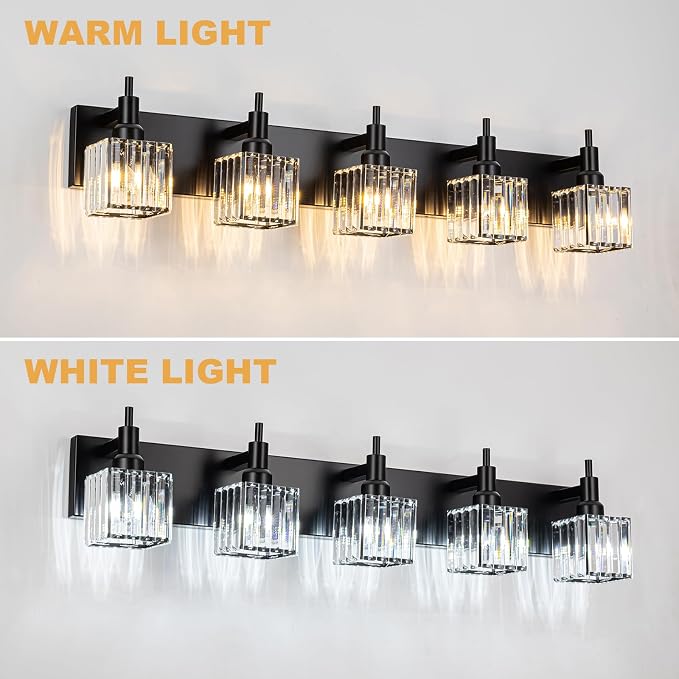 Black Crystal Bathroom Vanity Light 5-Light Modern Bathroom Lighting Fixtures - Image 5