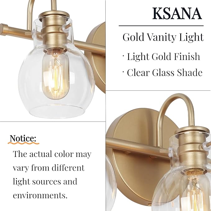 KSANA 3-Light Gold Bathroom Light Fixtures Over Mirror - Image 6