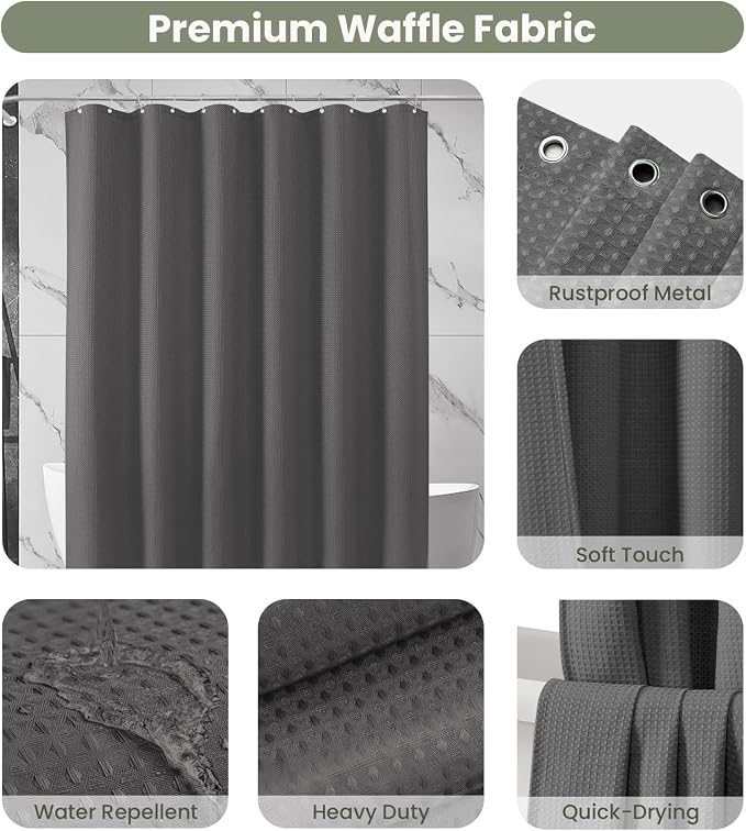 Inhousolu Fabric Shower Curtain Waffle Weave, Graphite Grey 230 GSM Heavy Duty - Image 3