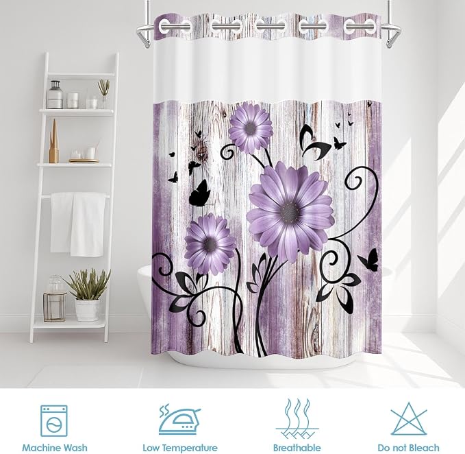 No Hook Purple Flower Shower Curtain - Image 6