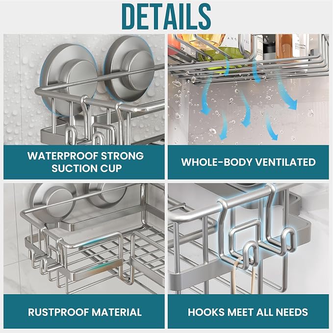 TAILI Corner-adaptive Suction Cup Shower Caddy 2 Pack, Stainless Steel - Image 5