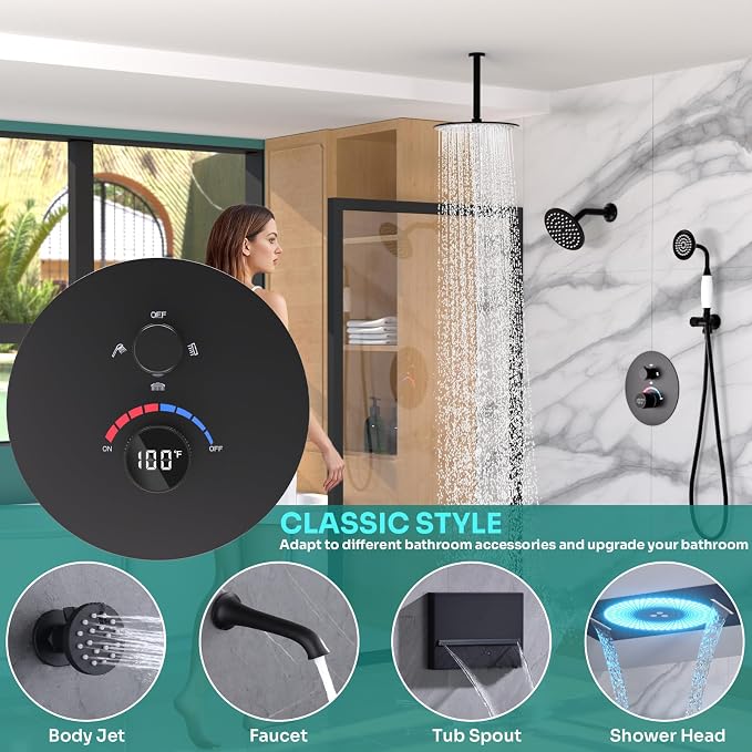 Temperature Display Shower Valve 3 Way Brass Rough-in Mixer and Round Trim Kit - Image 4