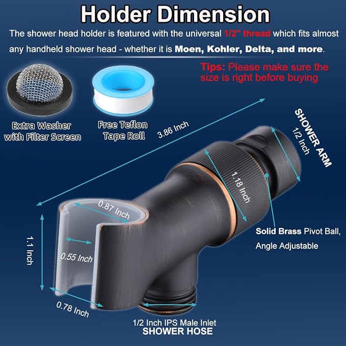 Shower Head Holder All Metal Adjustable Handheld Shower Arm Mount, 1/2" Shower - Image 5