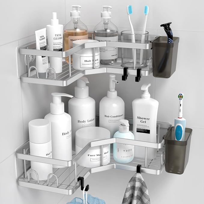 Corner Shower Caddy Shelf Rack: 2 Pack Adhesive Shower Organizer Essentials by AKTECKE