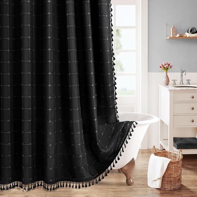 MitoVilla 72 x 84 Black Boho Extra Long Shower Curtain, Modern Farmhouse 84 by MitoVilla