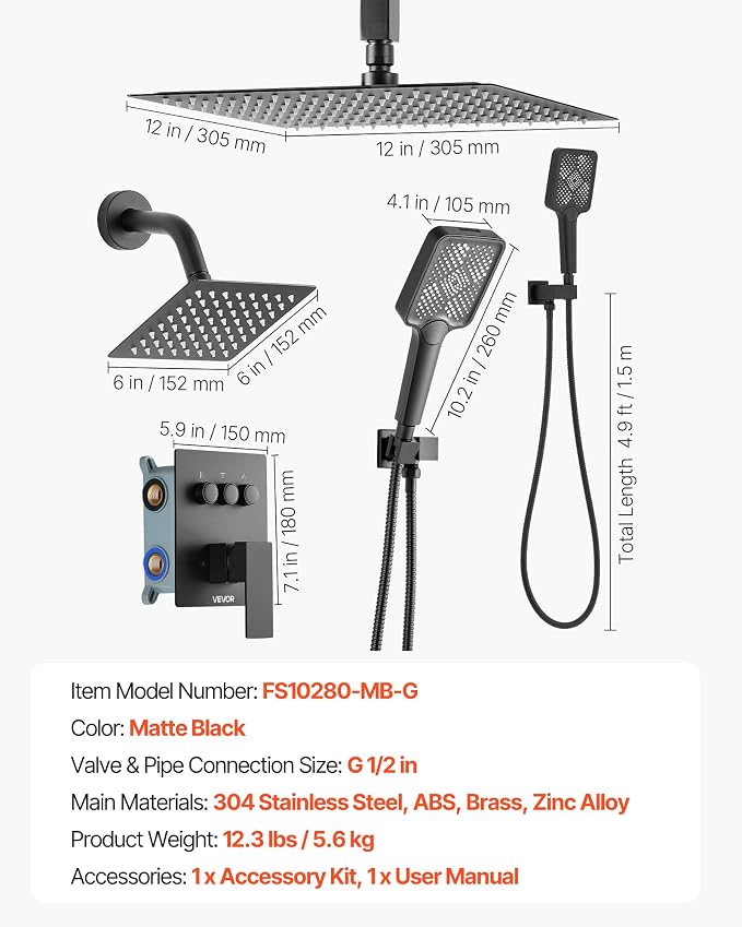 VEVOR Shower Faucet Set, 12 Inch Ceiling Mount Rainfall Shower System - Image 7