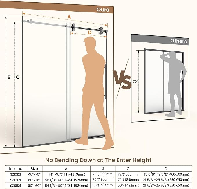 Bathbliss Glass Shower Door 44"-48" Wx76 H, Frameless Sliding Glass Door - Image 6