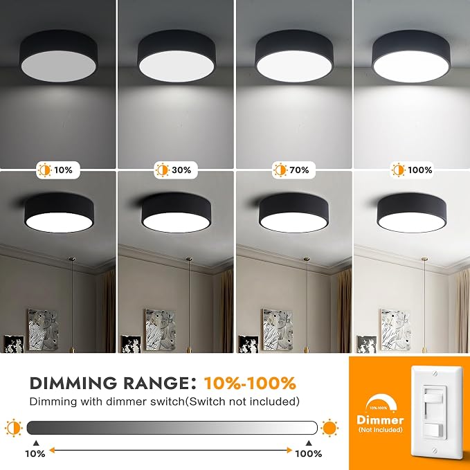 Dimmable Modern Flush Mount Ceiling Light Fixture, Matte Black Round LED Lights - Image 3