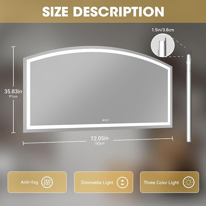 Hasipu 72" x 36" Arch LED Bathroom Mirror, Frontlit Wall-Mounted Vanity Mirror - Image 3