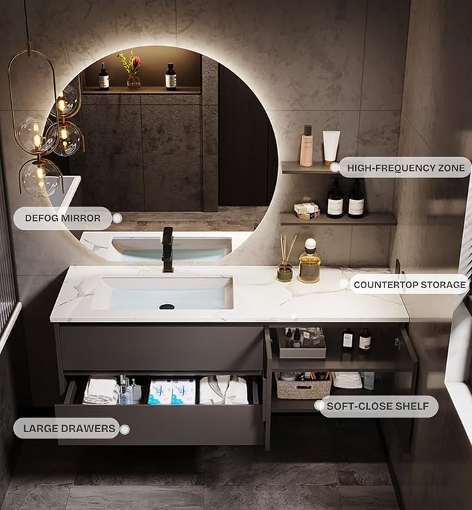 56IN Bathroom Vanity with Sink, Floating Modern Bathroom Vanity Include LED - Image 3