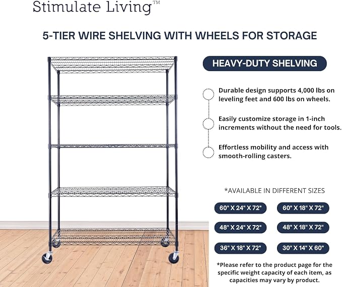 48"x24"x72" Prime Heavy Duty Black 5-Tier Steel Wire Shelving NSF 4000 LBS MAX - Image 6