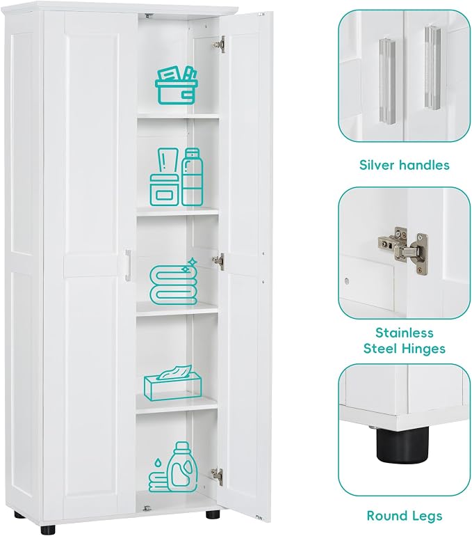 Tall Wide Storage Cabinet with 2 Doors and 4 Adjustable Shelves, Wood White - Image 4