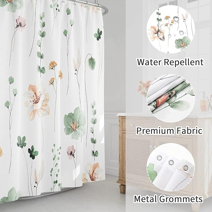 Gibelle Watercolor Floral Shower Curtain, Sage Green Beige Flower Shower Curtain - Image 3