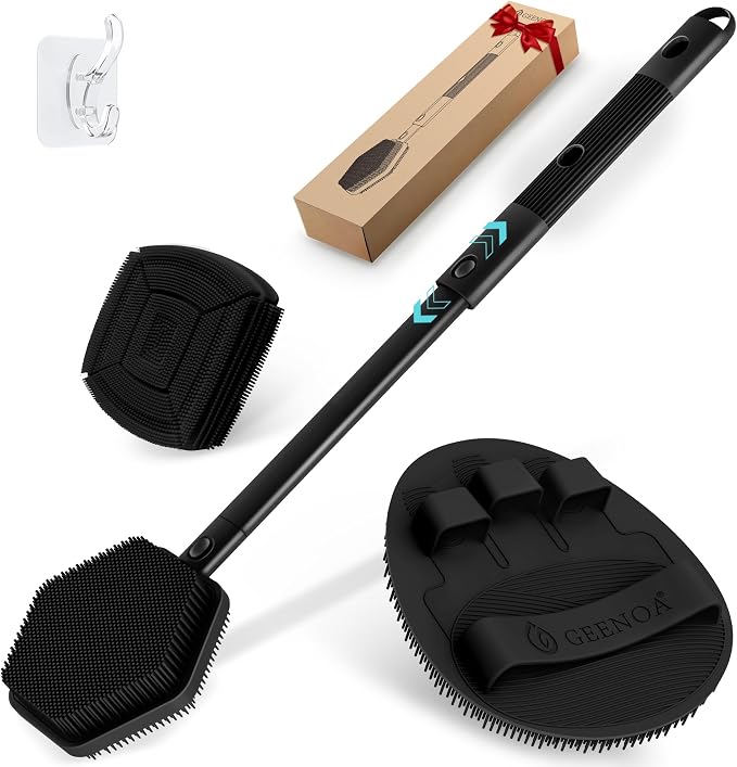 Silicone Back/Face Scrubber & Bath Glove Set 3PCS, Extendable Back Scrubber by GEENOA