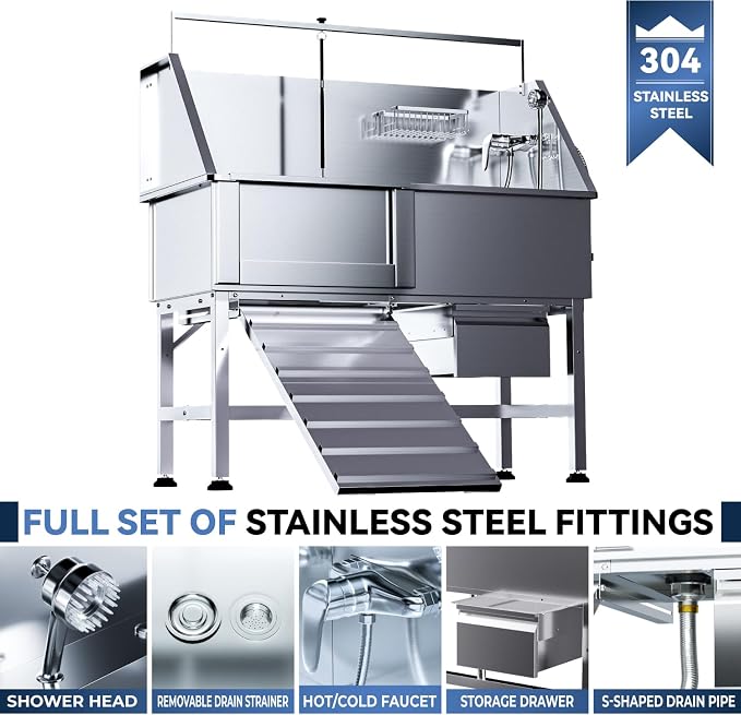46" Dog Washing Station, Professional Stainless Steel Dog Bathtub w/Ramp & - Image 2
