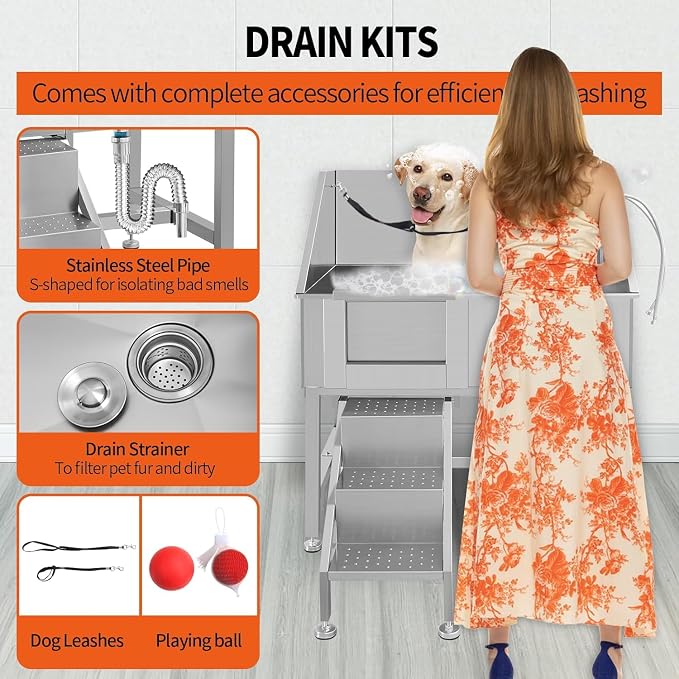38" Professional Dog Wash Station, Stainless Steel Dog Grooming Tub - Image 7